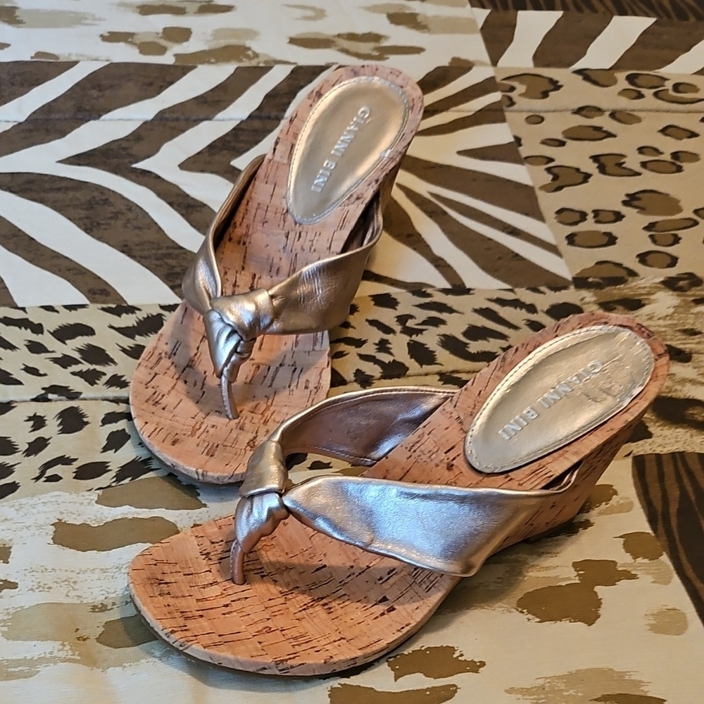 Gianni Bini Bronze Cork Wedge Sandals